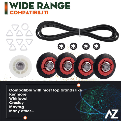 Must Have Dryer Repair Kit With Belt, Drum Rollers And Idler Pulley For 3000 Series Dryers, Compatible With MEDE500VW1 MEDE300VW1 MEDC215EW1 MED9600SQ0 MED9700SQ0 MEDX500XW0 displayed with parts and brand compatibility