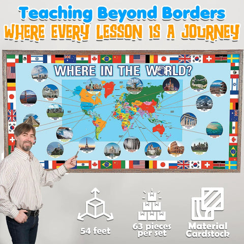 Three-panel world map from total 63 piece world geography set for classrooms and home with man pointing at map detail.