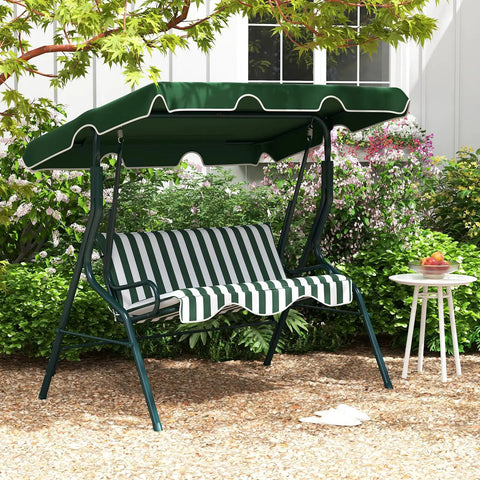 Three Person Porch Swing With Canopy And Removable Cushions, Heavy Duty Powder Coated Steel Frame in garden setting, Green.
