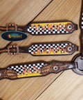 Custom Western Leather Headstall And Breast Collar Tack Set Showcasing Fire Painted Finish Line Checkyard Tooling Plus Antique Copper Hardware.