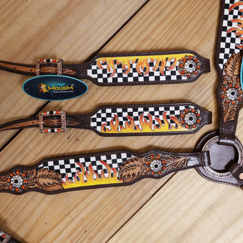 Custom Western Leather Headstall And Breast Collar Tack Set Showcasing Fire Painted Finish Line Checkyard Tooling Plus Antique Copper Hardware.
