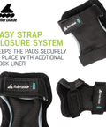 All In One Three Pack Inline Skating Protective Gear Set With Knee Pads Elbow Pads And Wrist Guards For Unisex Adults Black Size Small featuring easy strap closure detail.