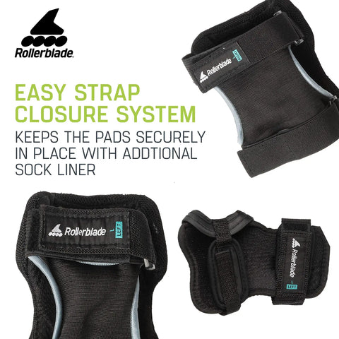 All In One Three Pack Inline Skating Protective Gear Set With Knee Pads Elbow Pads And Wrist Guards For Unisex Adults Black Size Small featuring easy strap closure detail.