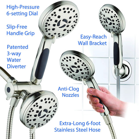High Pressure 48 Mode Luxury 3 Way Shower Head Kit with Dual Rain and Handheld, 6 foot stainless steel hose, brushed nickel finish
