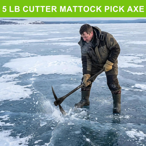 Man using Forged Adze Pick And Mattock With 36 Inch Fiberglass Handle, Dual Purpose Garden Pick on ice surface, 5 pound head