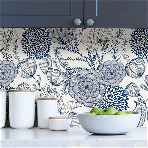 Navy Floral Peel And Stick Wallpaper From Secret Garden Pattern Safe For Walls No Mess Residue Free And Easily Removable Repositionable