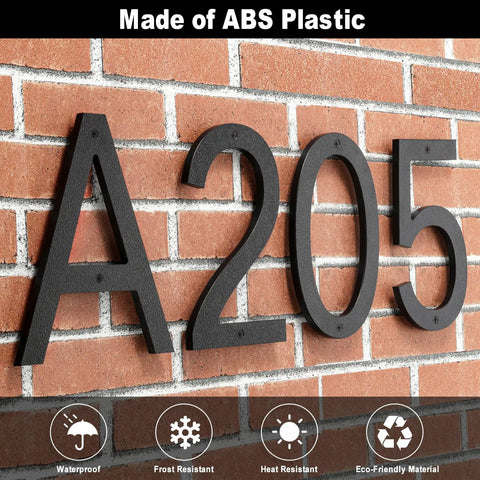 8 Inch Floating Black House Numbers For Outside installed on a brick wall, showing the A205 in durable ABS plastic.