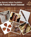 Collage of Desert Ironwood products, including hearing necklaces, pistol grips, and knife handles with burl ball pattern.