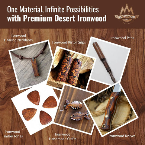 Collage of Desert Ironwood products, including hearing necklaces, pistol grips, and knife handles with burl ball pattern.