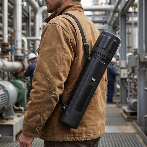Slick Jhknnk Moisture Proof Welding Rod Storage Tube For Electrodes With Locking Lid, 14 inch black insulated tube carried on shoulder.