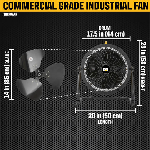 Industrial Grade 14 Inch High Velocity Drum Fan dimensions and parts illustration