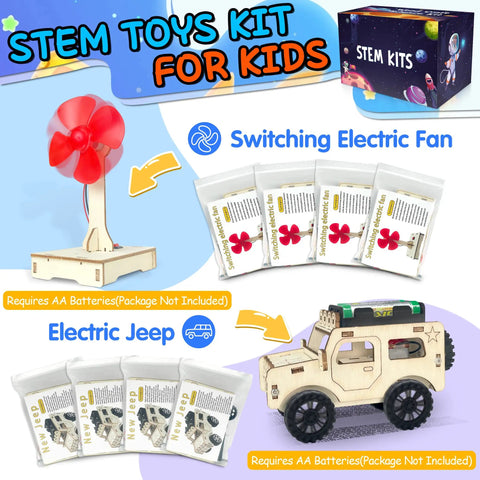 24 Pack STEM Kits For Kids Classroom Hands On Science Projects And 3D Wooden Model Builds With 6 Designs And 4 Of Each Electric Fans Electric Jeeps shown