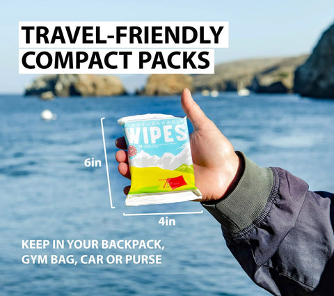 Person holding Biodegradable Body Wipes With Tea Tree Oil And Aloe Vera On The Go Fresh Wipes For Camping Hiking Post Workout