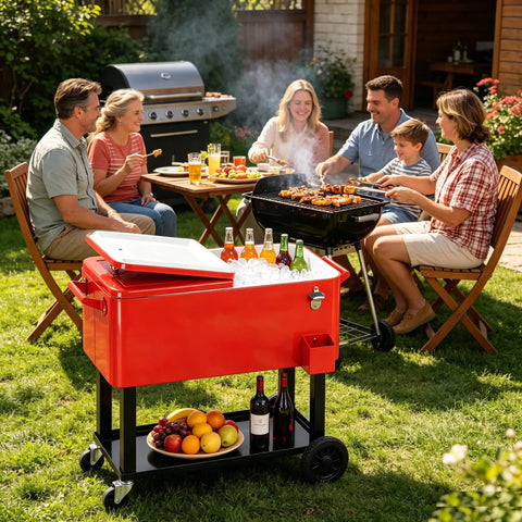80QT Rolling Cooler On Wheels With Bottle Opener Outdoor Beverage Cooler For Patio And Backyard BBQ Beach Trip Or Party Holds Up To 100 Cans Keeps Drinks Cold 48 Hours And Warm 8 Hours Easy Access Storage Tray in use during a barbecue