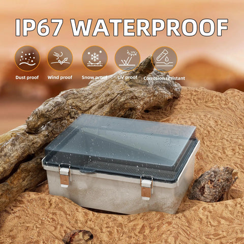 Weatherproof Plastic Electrical Junction Box 15.7x11.8x7.1 Inches Outdoor NEMA 4 Enclosure With Clear Cover in sandy environment