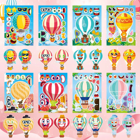 24 Sheets Hot Air Balloon Make A Face Stickers Set For DIY Crafts And Party Games Mix And Match Decals With Cute Animals Display