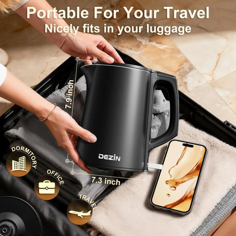 Compact 0.8L Travel Electric Kettle With Double Wall 304 Stainless Steel Auto Shut Off Portable Kettle for Travel