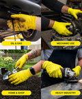 Badass Heavy Duty Nitrile Gloves With 6 Mil Yellow Raised Diamond Texture used for mechanic tasks, gardening, and heavy industrial work.