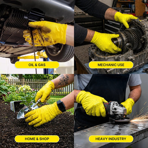 Badass Heavy Duty Nitrile Gloves With 6 Mil Yellow Raised Diamond Texture used for mechanic tasks, gardening, and heavy industrial work.