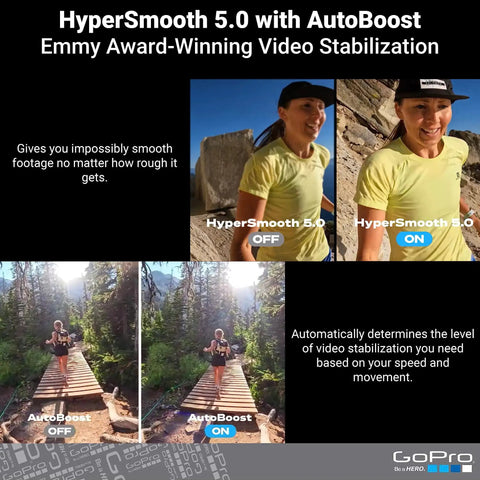 Hero11 Black Waterproof Action Camera With 5.3K60 Ultra HD Video And 27MP Photos Featuring Rock Steady Stabilization And Live Streaming Webcam Mode To Crush Every Shot During Any Outdoor Adventure, showing HyperSmooth 5.0 stabilization.