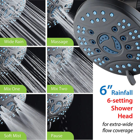 High Pressure Shower Head Combo With Handheld And Rain Heads Featuring 50 Mode 3 Way System Anti Clog Jets showing 6 settings