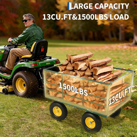 Heavy Duty 4 In 1 Steel Garden Cart Workhorse with 1500 lb capacity attached to ATV hauling firewood, dark green frame, yellow hubs.