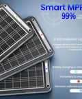 Close-up of 12V Solar Car Battery Charger With MPPT Controller 15W Trickle Maintainer showing three LED indicators and solar panel.