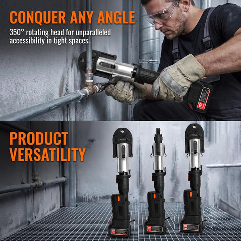 Powerful 18V Cordless Pipe Crimping Tool For Pex And Copper Lines shown in use, featuring a 350° rotating head for tight spaces.