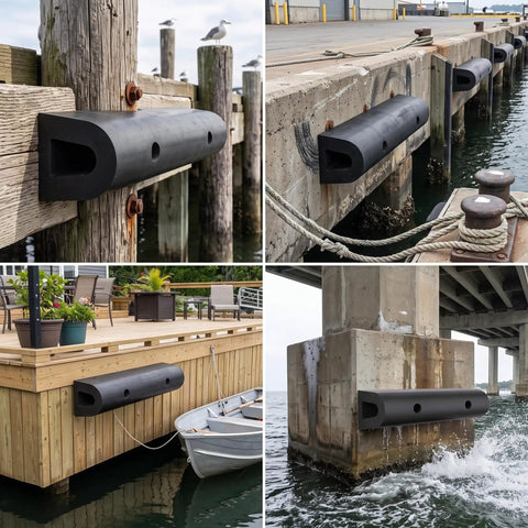 DA Type Rubber Fender Dock Bumper For Boaters And Piers shown installed on diverse dock materials
