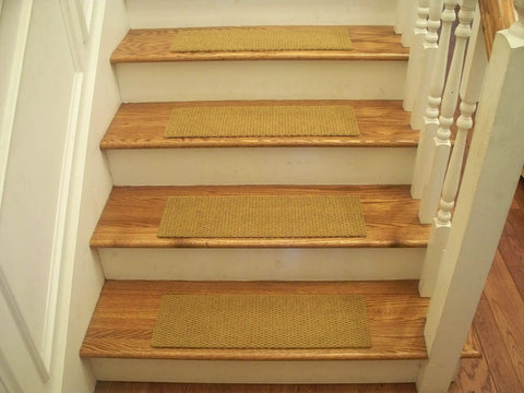 Four wooden stairs with Berber Style Natural Carpet Stair Treads 24 By 8 Inches Set Of 13 With Peel And Stick Installation Non Slip