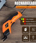 Powerful Electric Scissors Cordless For Fabric And Craft With Two Blades, showing USB-C charging indicator and handle detail.