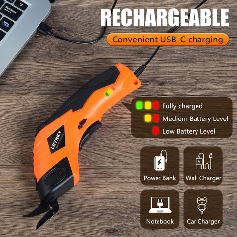 Powerful Electric Scissors Cordless For Fabric And Craft With Two Blades, showing USB-C charging indicator and handle detail.