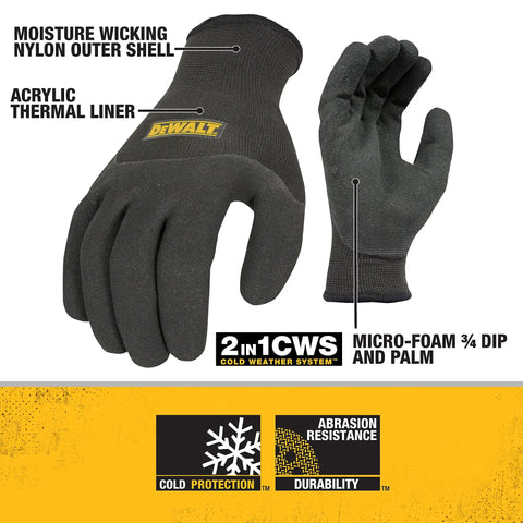 2-In-1 Thermal Grip Glove DPG737L with moisture-wicking nylon shell, acrylic liner, 3/4 dipped palm, large black and yellow.