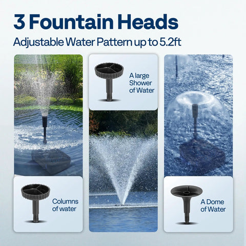 All In One Pond Filter Fountain System Kit with 260 GPH submersible pump showing adjustable fountain heads and water patterns