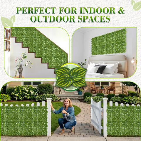 Artificial Ivy Privacy Fence Screen Set 120 By 40 Inches With 12 Pack 20 By 20 Inch Panels on indoor wall and outdoor fence
