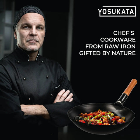 Chef displaying Preseasoned 14 Inch Carbon Steel Wok With Round Bottom for Stir Fry Mastery on Gas Stovetops Open Flame and BBQ