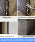 Self Adhesive Sofa Fabric Repair Patch Kit With 6 Microfiber Patches For Local Damage Quick Fix For Sofa Cushions And Velvet Upholstery Luxurious Look That Blends In Seamlessly In Gray showing patch application process from damaged to repaired state.