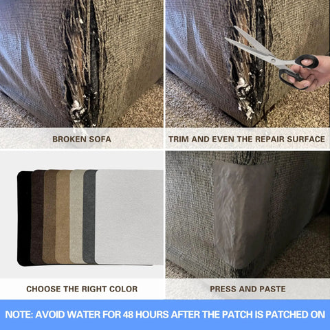 Self Adhesive Sofa Fabric Repair Patch Kit With 6 Microfiber Patches For Local Damage Quick Fix For Sofa Cushions And Velvet Upholstery Luxurious Look That Blends In Seamlessly In Gray showing patch application process from damaged to repaired state.