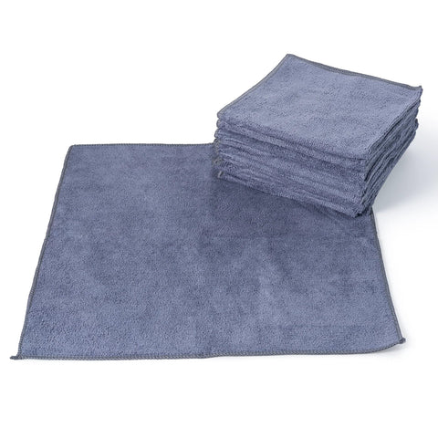 Front view: USANOOKS grey microfiber cleaning cloths, 12-pack, 12.5 x 12.5 in, flat cloth with folded stack.