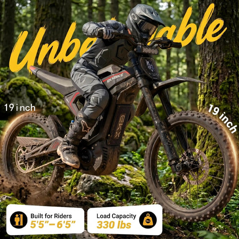 Adult Off Road Electric Dirt Bike Featuring A Badass 16800W Peak Motor And Massive 72V 50Ah Battery For Serious Torque Beast Mode Riding Along With Dual Shock Suspension And Grippy Wide Tires in a forest.