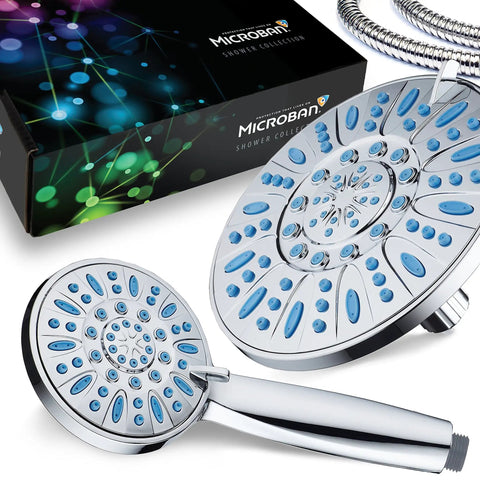 Antimicrobial Anti-Clog High-Pressure 30-Setting Rain Shower Head With Microban Nozzle Protection, chrome and blue finish