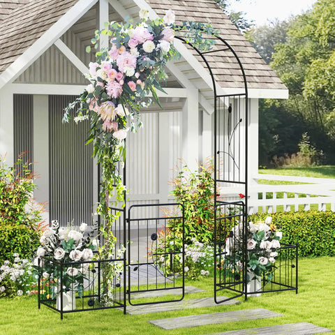3 In 1 Garden Arch With Lockable Gate And Side Planters, 86 Inch Metal Arbor Trellis For Climbing Plants, Elegant Outdoor Archway, Black