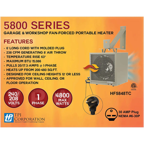 Image of HF5848TC Beefy Garage And Workshop Portable Heater with Fan Forced Heat, 4800 or 3600 Watts, 240 or 208 Volts, wall mount shown.