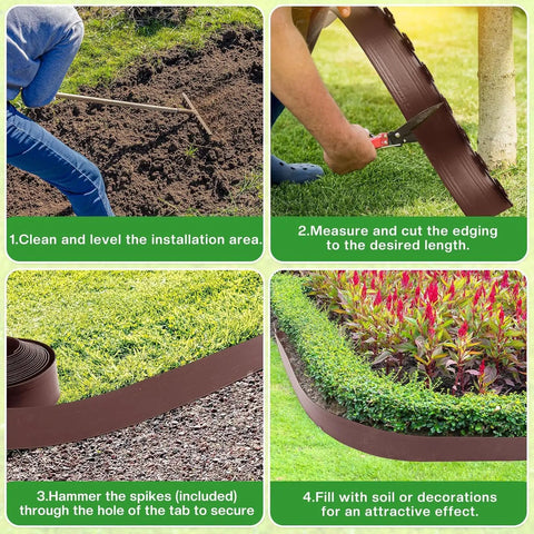 Steps for using Durable Flexible 4 Inch Landscape Edging Coil Kit With 30 Spikes For Lawn Borders And Flower Beds 33 Feet Brown Plastic Edging