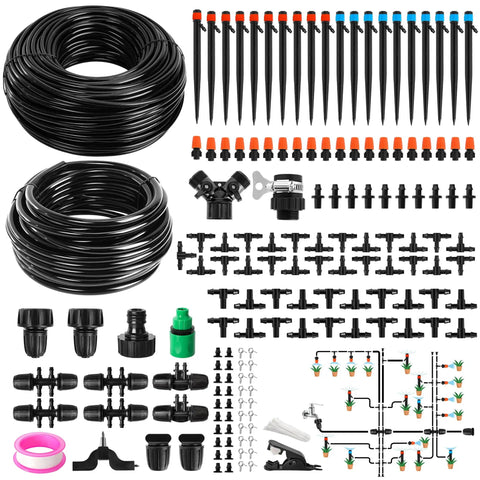 240 Feet DIY Automatic Drip Irrigation Kit with emitters, 5/16 and 1/4 inch tubing, connectors, and fittings for garden setup.
