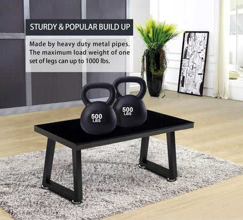 16 Inch Metal Table Legs Heavy Duty Trapezoid Style For Custom Benches Coffee Tables End Tables TV Stands And Nightstands Built Tough As Nails From Strong Steel Tubes For Modern Home Decor, supporting heavy kettlebells on a table.