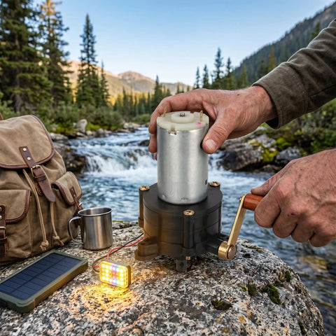Grab And Go Portable Hand Crank Generator For Emergency Power 5V To 24V 20W Dynamo being used beside a river during camping