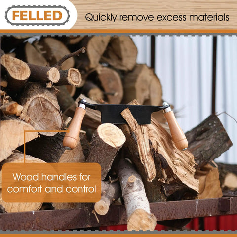 Heavy Duty Eight Inch Curved Draw Shave Tool Hog Out Logs And Peel Bark Fast Durable Carbon Steel Edge shown among logs.