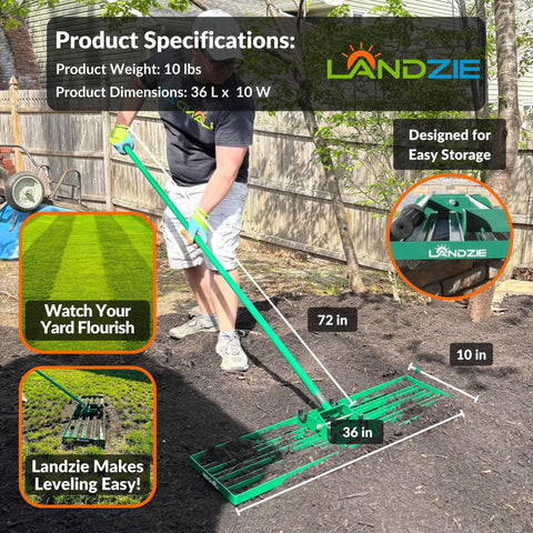 Man using Heavy Duty Lawn Leveling Rake With A 36 Inch Steel Handle For Fast Yard Leveling And A Flat Surface Creation No Fuss Easy Topdressing For Soil Dirt And Ground Smoothing In Any Lawn Care Routine.