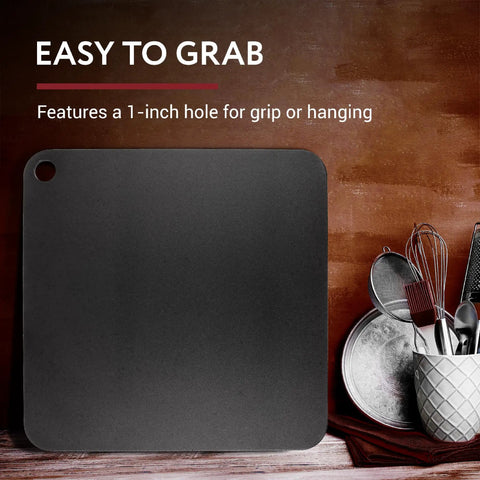 Steel Pizza Stone For Oven And Grill Pro Grade 14 By 14 Inch Carbon Steel Plate With Superior Heat Retention For Crisp Crust Pizza And Bread, Built To Last Black Finish, with hanging hole.